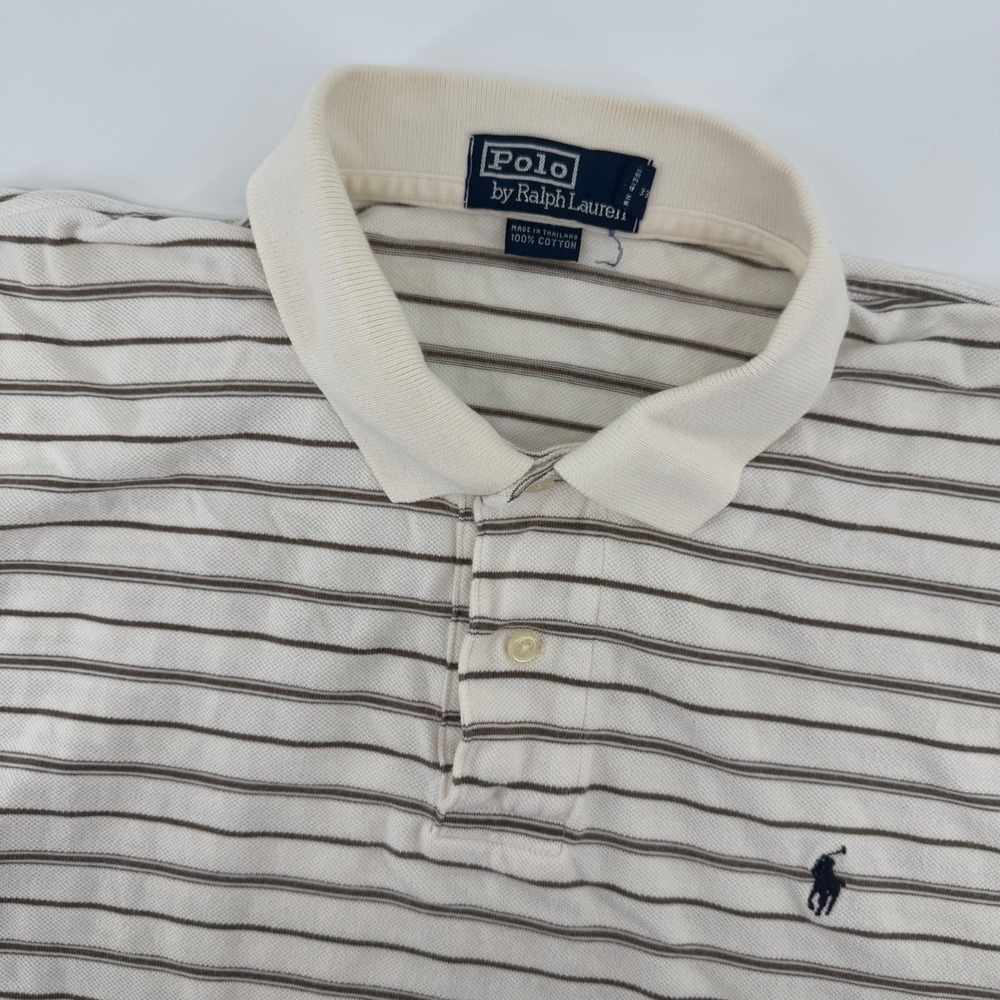 Polo Ralph Lauren Polo Shirt Men L White Brown Striped Short Sleeve Pique Cotton